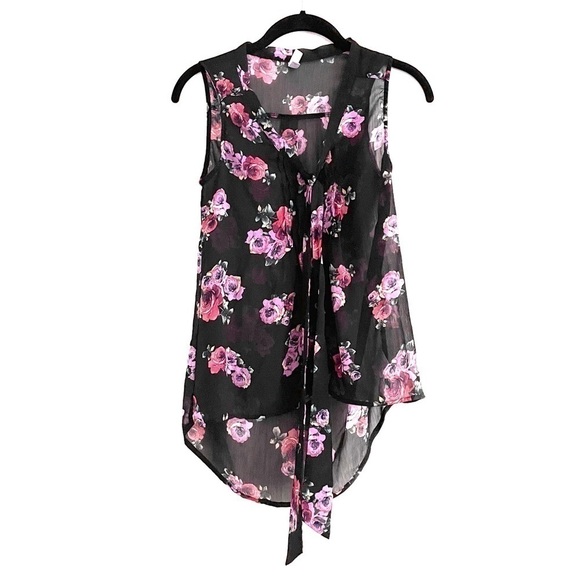 Xhilaration Tank Top S Semi Sheer Floral Front Tie Bow Pink Black Summer Girly - Picture 1 of 7